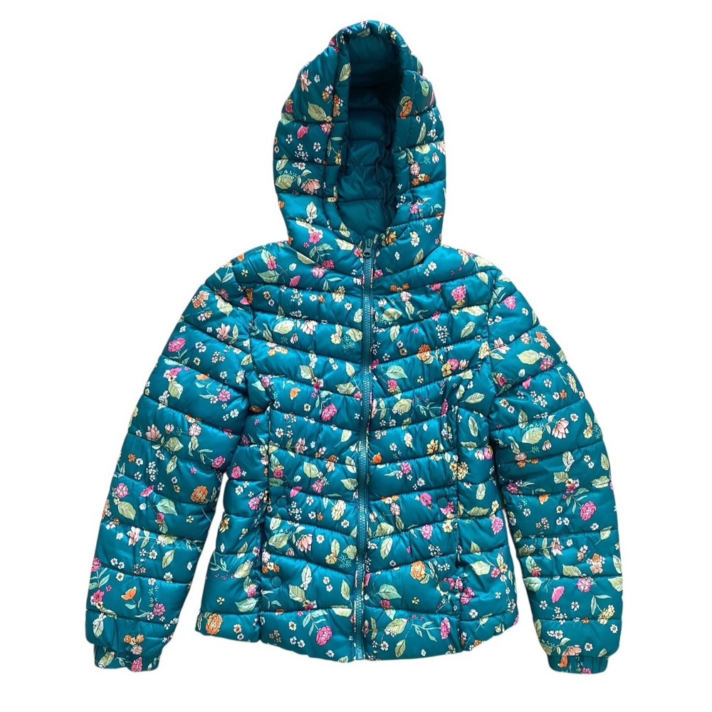 Zara Girls Teal Green Multicolor Floral Print Puffer Coat Size 11 / 12 Full Zip